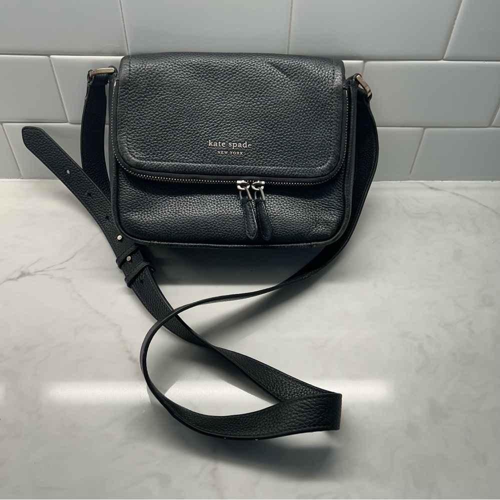 Kate Spade New York Black Pebbled Leather Flap Crossbody Bag Adjustable Strap